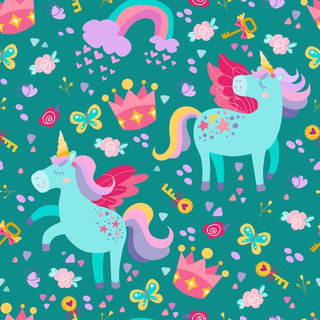 Patrón lindo con unicornios estrellas arco iris fondo sin costuras mágico
