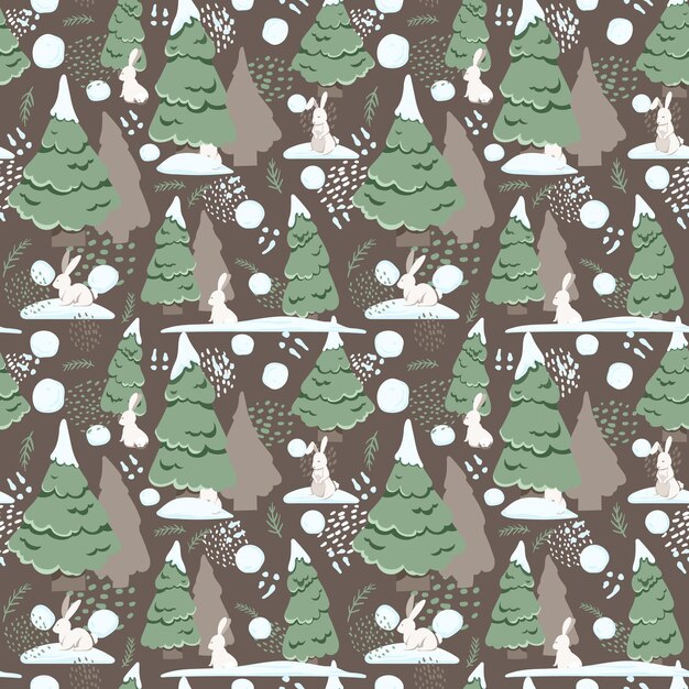 Patrón con lindos conejos furtrees en la nieve Linda ilustración para la decoración de telas textiles