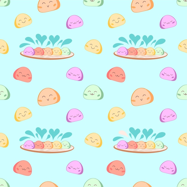 Patrón lindos personajes de dibujos animados Mochi Postre de arroz japonés tradicional. bola de harina de arroz