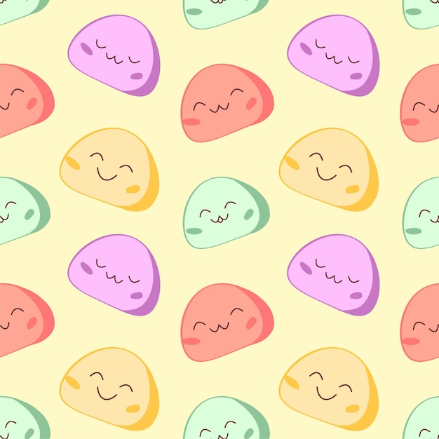 Patrón lindos personajes de dibujos animados Mochi Postre de arroz japonés tradicional. bola de harina de arroz