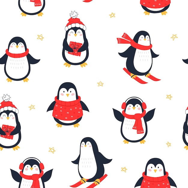 Patrón con lindos pingüinos Patrón de vector de Navidad aislado sobre fondo blanco Para scrapbooking de papel textil