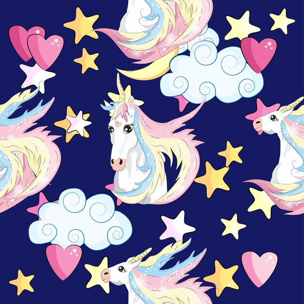 Vector patrón con lindos unicornios nubes arcoíris y estrellas fondo mágico con pequeños unicornios