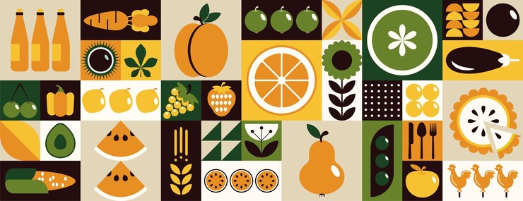 Patrón de línea de alimentos geométricos plantas vegetales de frutas naturales forma simple agricultura ecológica abstracta pr