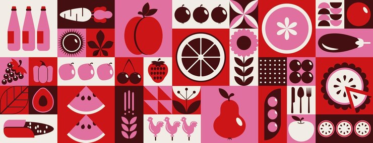 Patrón de línea de alimentos geométricos plantas vegetales de frutas naturales forma simple agricultura ecológica abstracta pr