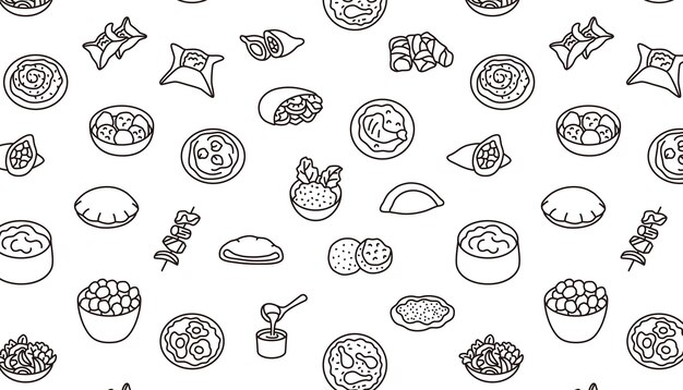 Patrón de línea de comida de Oriente Medio en blanco y negro