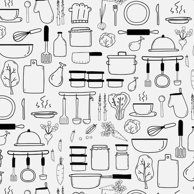 Vector patrón con línea dibujado a mano doodle cocina