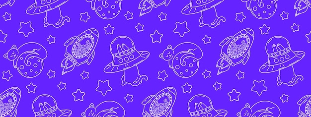 Patrón lineal con gatos lindos en el espacio Patrón sin costuras vectorial de personajes de mascotas en estilo doodle