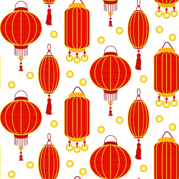Patrón de linternas de papel rojas chinas y monedas de oro que crean una atmósfera festiva y cultural