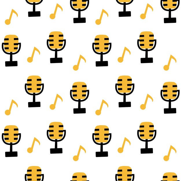 Un patrón lúdico y sin costuras de micrófonos antiguos y notas musicales