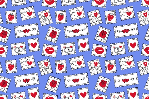 Patrón lúdico y romántico con sellos postales con varios iconos de amor estilo Doodle