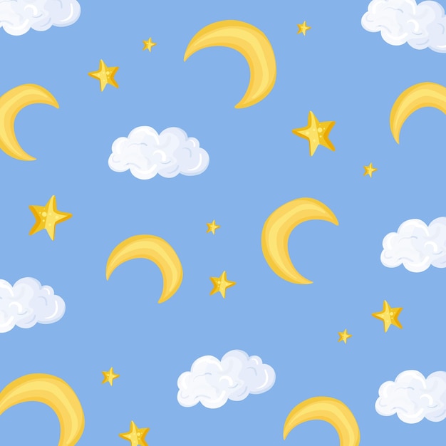 Patrón con una luna amarilla y estrellas sobre un fondo azul En el estilo de dibujos animados