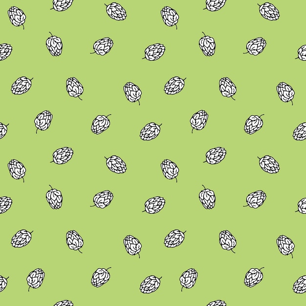 Patrón de lúpulo de semillas Plantas de lúpulo dibujadas a mano sobre fondo verde claro Envoltura de diseño para cervecería