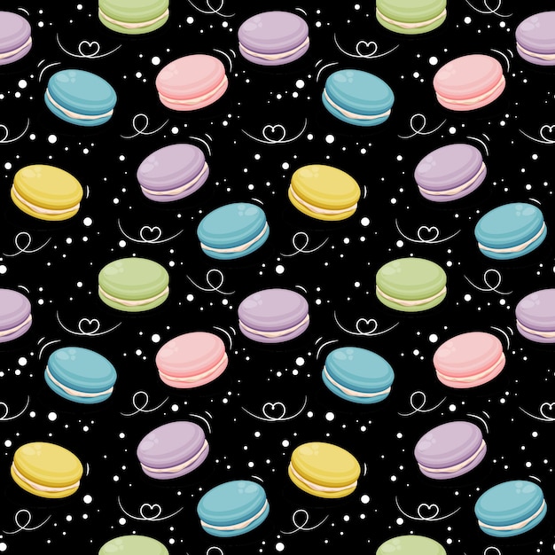Patrón de macarrones coloridos en fondo negro diseño vectorial colores pastel suaves acentos blancos