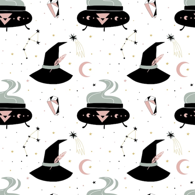 Patrón mágico sin costuras boho esotérico y celestial impresión bruja objetos aislados dibujado a mano doodle mago textil sombrero caldero y elementos de cristal papel tapiz y tela fondo de vector blanco