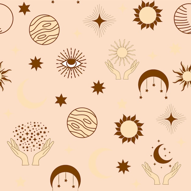 Patrón mágico sin fisuras con constelaciones sol luna ojos mágicos nubes y estrellas fondo esotérico místico para el diseño