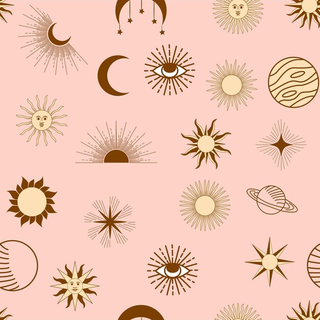 Patrón mágico sin fisuras con constelaciones sol luna ojos mágicos nubes y estrellas místico esotérico
