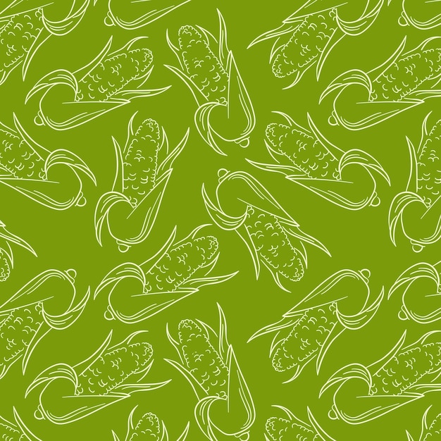 Patrón de maíz sin costuras en estilo de arte de línea con una ilustración de fondo verde de maíz en la mazorca con