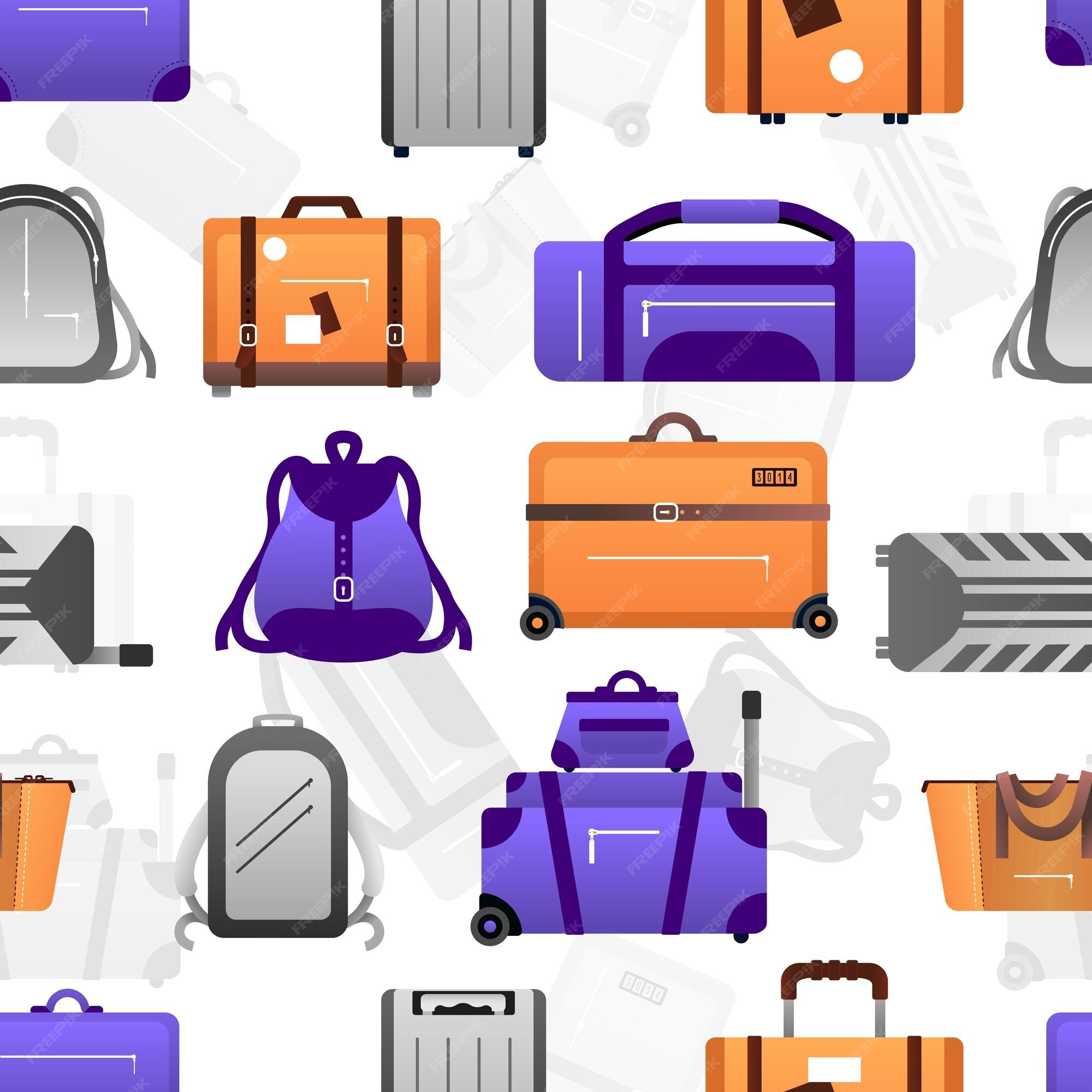 Patrón de maleta textura transparente de de viaje y mochila de viaje equipaje para aventuras bolsos morados y mochilas valijas naranjas sobre ruedas fondo decorativo vectorial | Vector Premium