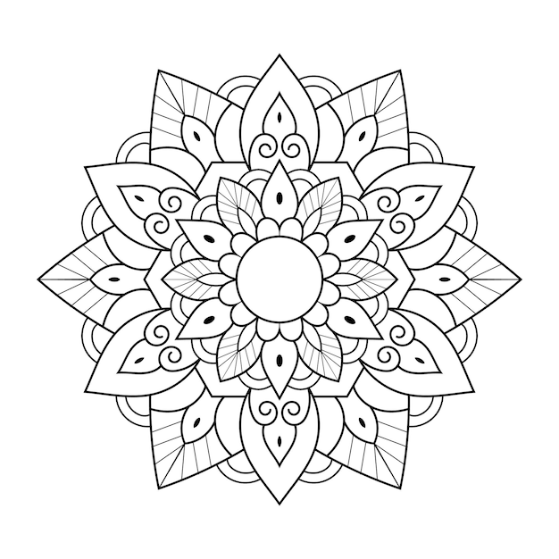 Patrón de mandala de arte de línea floral con flor blanca y negra de estilo étnico árabe para colorear página