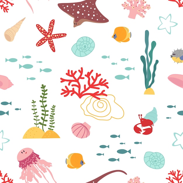 Patrón de mar de bebé. Vida marina, animales y plantas lindos de algas. Impresión náutica de la tela de los niños, textura inconsútil del vector decente de los pescados infantiles. Patrón de mar transparente de fondo, ilustración de tela de vida silvestre