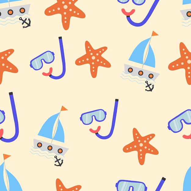 Patrón de mar colorido de verano con una máscara submarina de barco e ilustración vectorial de estrellas de mar