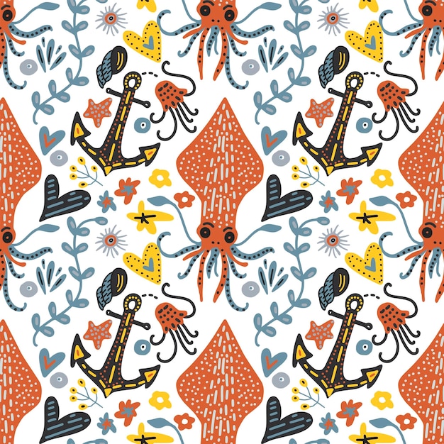 Patrón de mar dibujado a mano vectorial con varios animales marinos