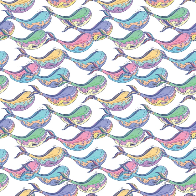 Patrón de mar de vector colorido en estilo boceto con peces de mar