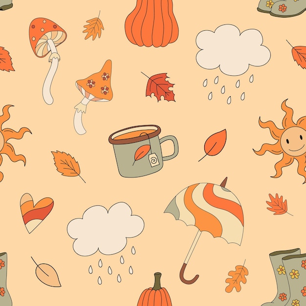 Patrón maravilloso sin costuras de otoño con lluvia de paraguas de calabaza de setas vibraciones de otoño ilustración de vector retro de los años 70 diseño textil de tela xdxa