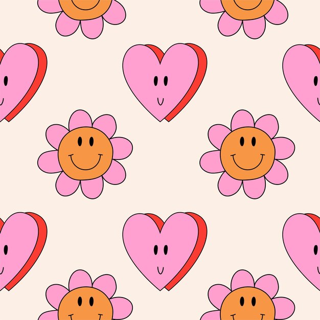 Patrón de margarita maravilloso. Fondo floral hippie con flores de margarita y corazones