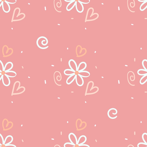 Vector patrón con margaritas blancas y corazones rosas sobre un fondo de melocotón