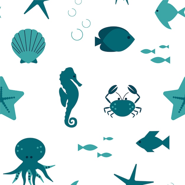 Patrón marino animales marinos pescado cangrejo caballito de mar cáscara pulpo dibujos animados vector ilustración