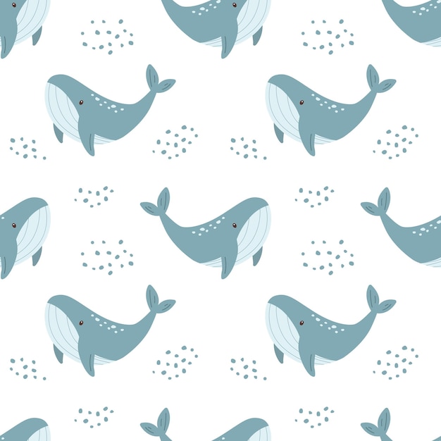Patrón marino sin costuras ballenas y peces lindos Vida marina Ilustración vectorial de estilo de dibujo infantil