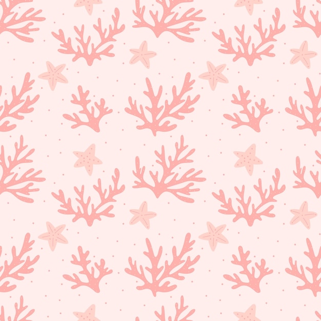 Vector patrón marino rosa transparente con corales y estrellas de mar