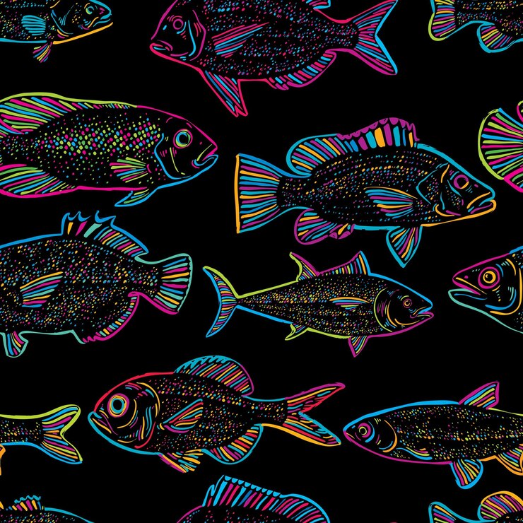 Vector patrón marino vectorial sin inconvenientes, diferentes siluetas de peces. fondo de pantalla de fauna dibujado a mano, fondo continuo de naturaleza acuática.