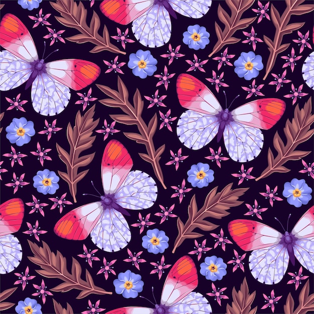Patrón con mariposas y flores muy detalladas