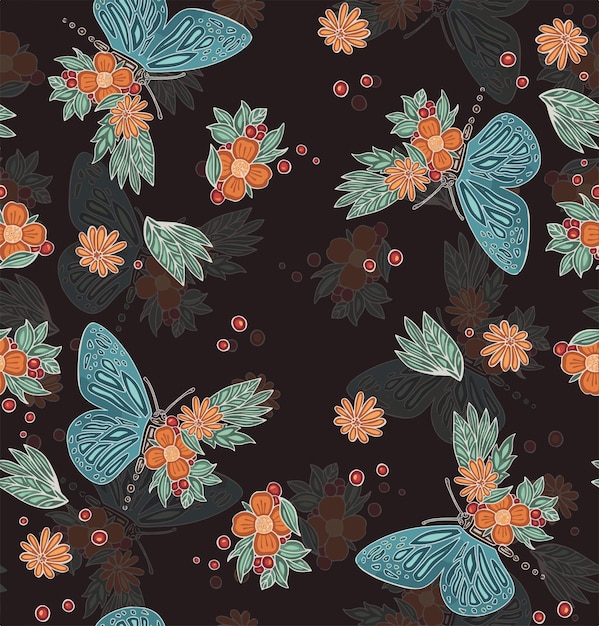 Patrón de mariposas suaves sobre un fondo oscuro