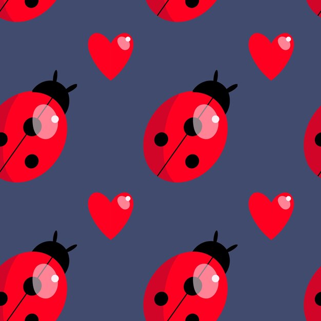 Vector patrón de mariquitas y corazones adorno de insectos coloridos corazones rojos