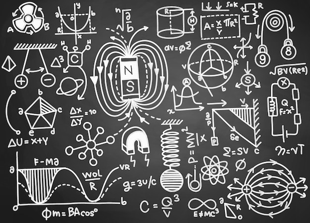 Patrón de matemáticas y ciencias de educación física con fórmulas escritas a mano