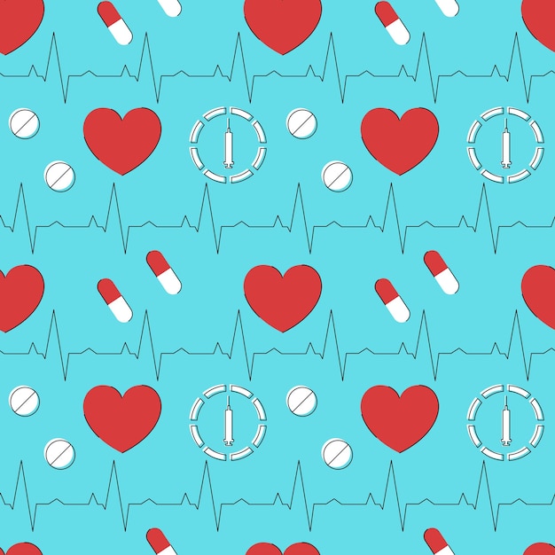 Patrón médico sin costuras, ilustración clínica. corazones, cardiograma, jeringas, cápsulas y tabletas