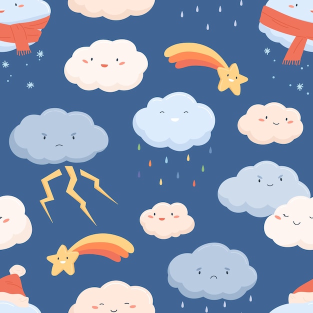 Patrón meteorológico sin costuras con caras lindas de nubes y estrellas personajes dulces divertidos con lluvia nieve y relámpagos en un fondo sin fin ilustración vectorial de colores infantil en estilo de dibujos animados plano