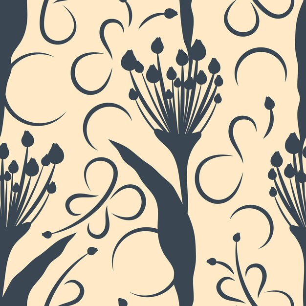 Patrón minimalista sin costuras con plantas de jardín y campo flores silvestres brotes brizna de hierba Fondo natural para envolver papel cubierta tela decoración interior papelería diseño impresión Vector