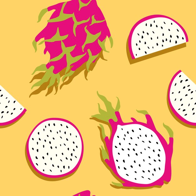 Patrón minimalista de fruta de dragón sin costura, combinación roja y amarilla