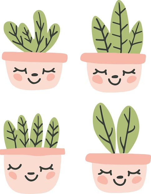patrón minimalista kawaii suaves plantas en olla estéticas conjunto de ilustraciones