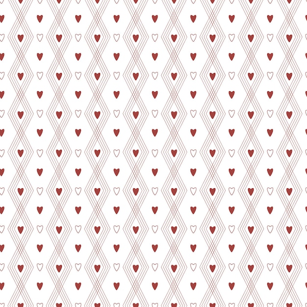 Un patrón minimalista simple y sin costuras con corazones rojos oscuros y rayas en zigzag sobre un fondo blanco Perfecto para el embalaje del día de San Valentín y el diseño de papel de regalo Ilustración vectorial