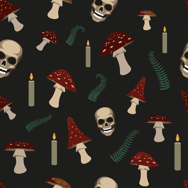 Patrón místico brillante de agáricos de mosca, calaveras, velas y helechos. diseño de vector brujo misterioso para tela de fondo o papel de regalo.