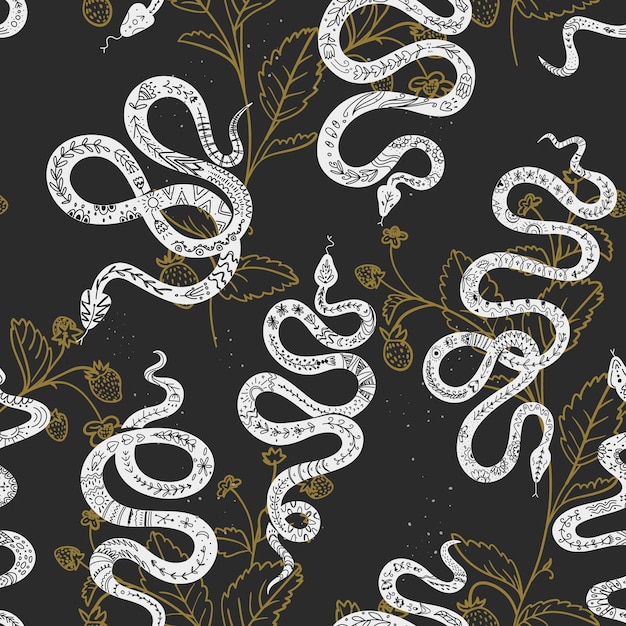 Patrón místico vectorial con símbolos de serpientes en color negro Patrón floral sin fisuras esotérico