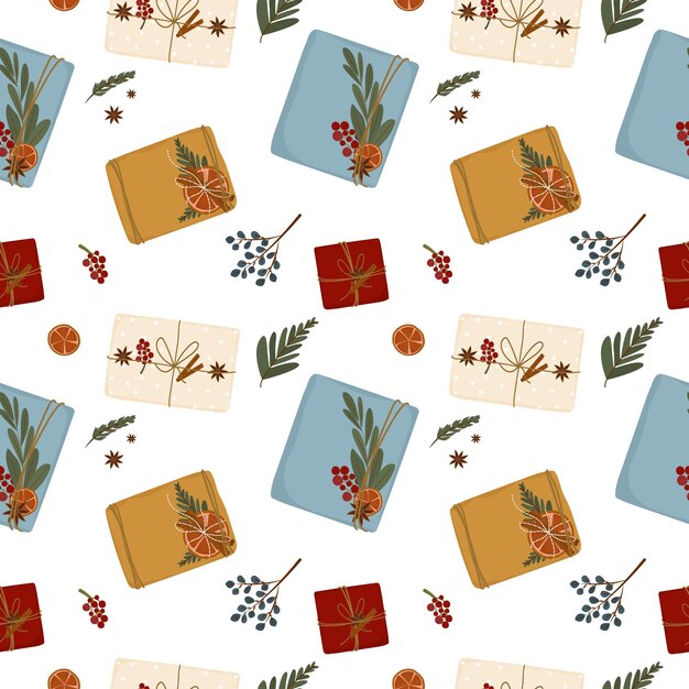 Patrón de moda sin costuras de cajas de regalo de papel kraft. Embalaje ecológico de regalos de Navidad y Año Nuevo con materiales naturales. fondo para diseño textil, papel digital, envolturas. veÑtor dibujado a mano