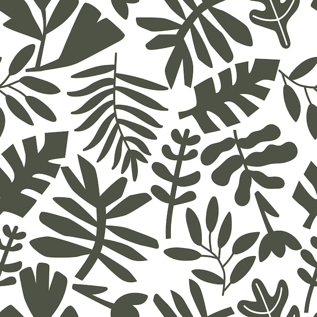 Patrón de moda sin costuras con hojas y flores tropicales abstractas ilustración de estilo plano en blanco
