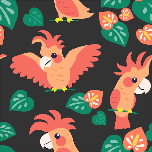 Patrón de moda con loros y hojas tropicales Textura transparente de vector