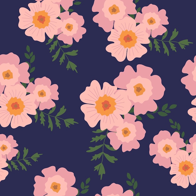 Patrón moderno sin costuras floral con flores rosas sobre un fondo azul